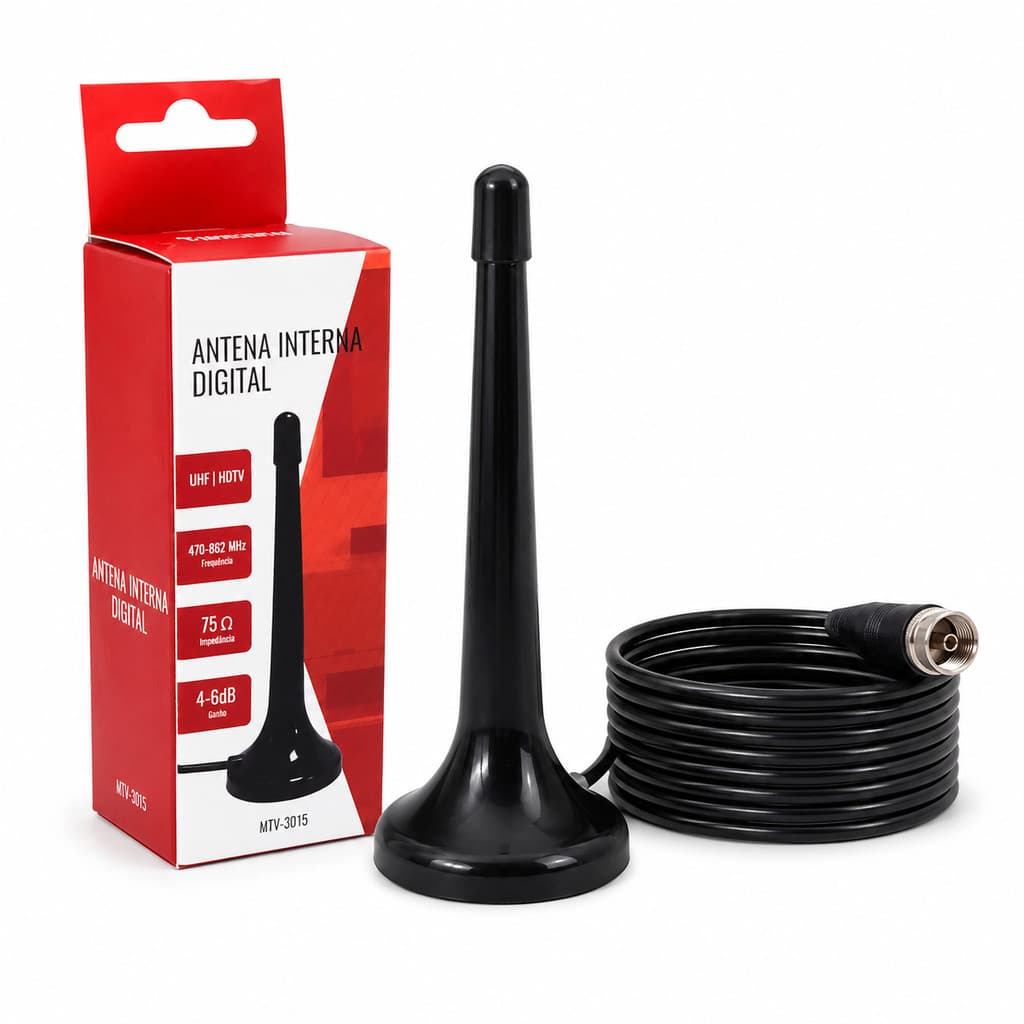 Antena Digital Interna Amplificada HD Portátil Cabo 5 Metros Sinal TV Digital Alta Definição Compatível com Smart TV