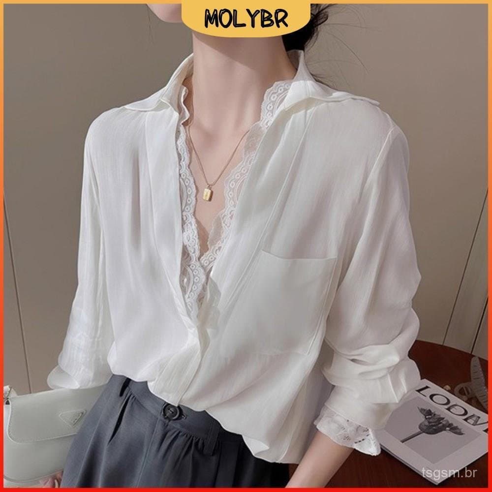 MOLYBR Blusa de Renda em Duas Peças, Camisa Feminina Branca Simples de Manga Longa e Solta para o Início da Primavera