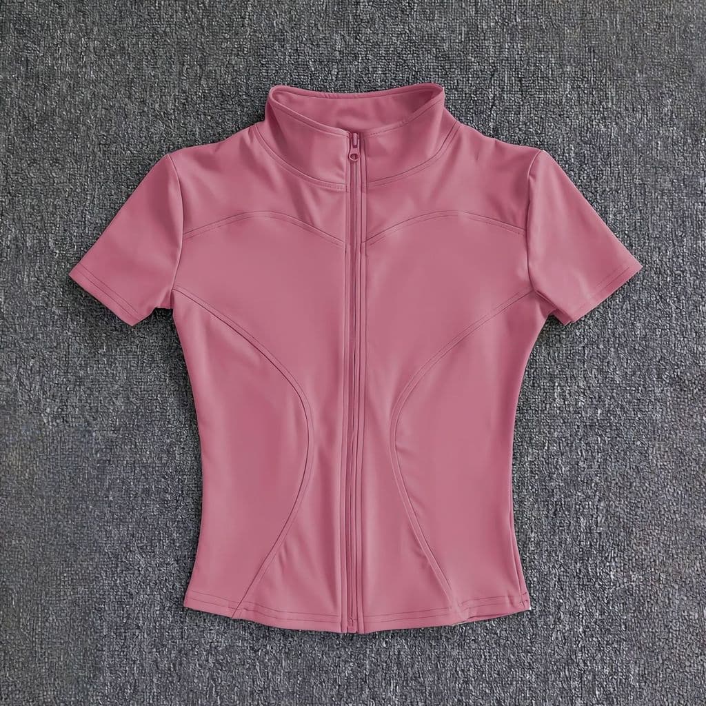Camiseta Feminina de Verão Justa de Manga Curta com Zíper para Yoga, Esportes Profissionais, Fitness, Corrida e Pilates