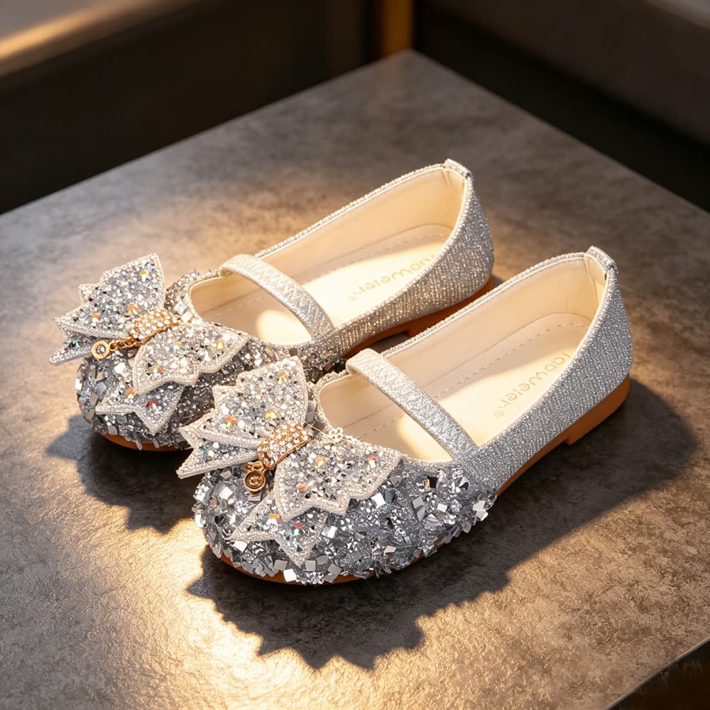 Meninas Glitter Mary Jane Sapatos Planos Strass Arco Lantejoulas Vestido De Princesa Apartamentos Flor Brilhante Menina