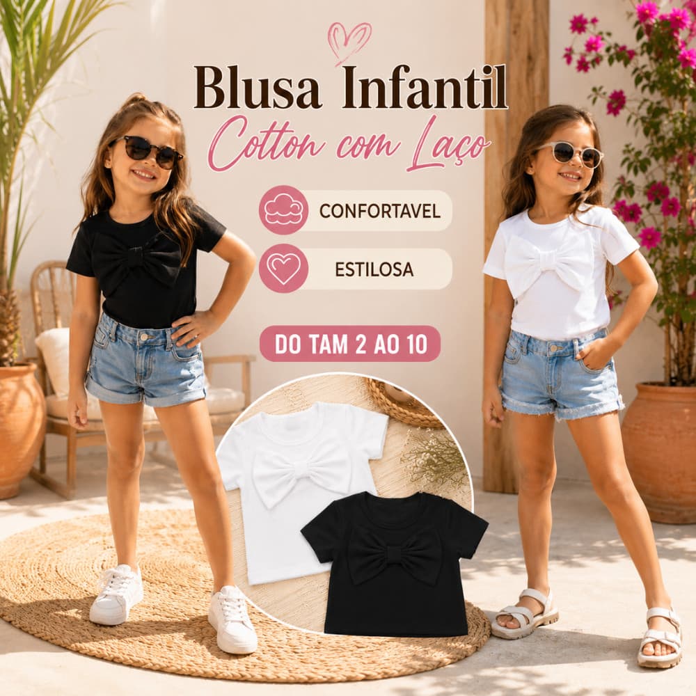 Blusa Cotton Laço Menina Infantil  Modinha Mini Diva Blogueirinha Premium Verão