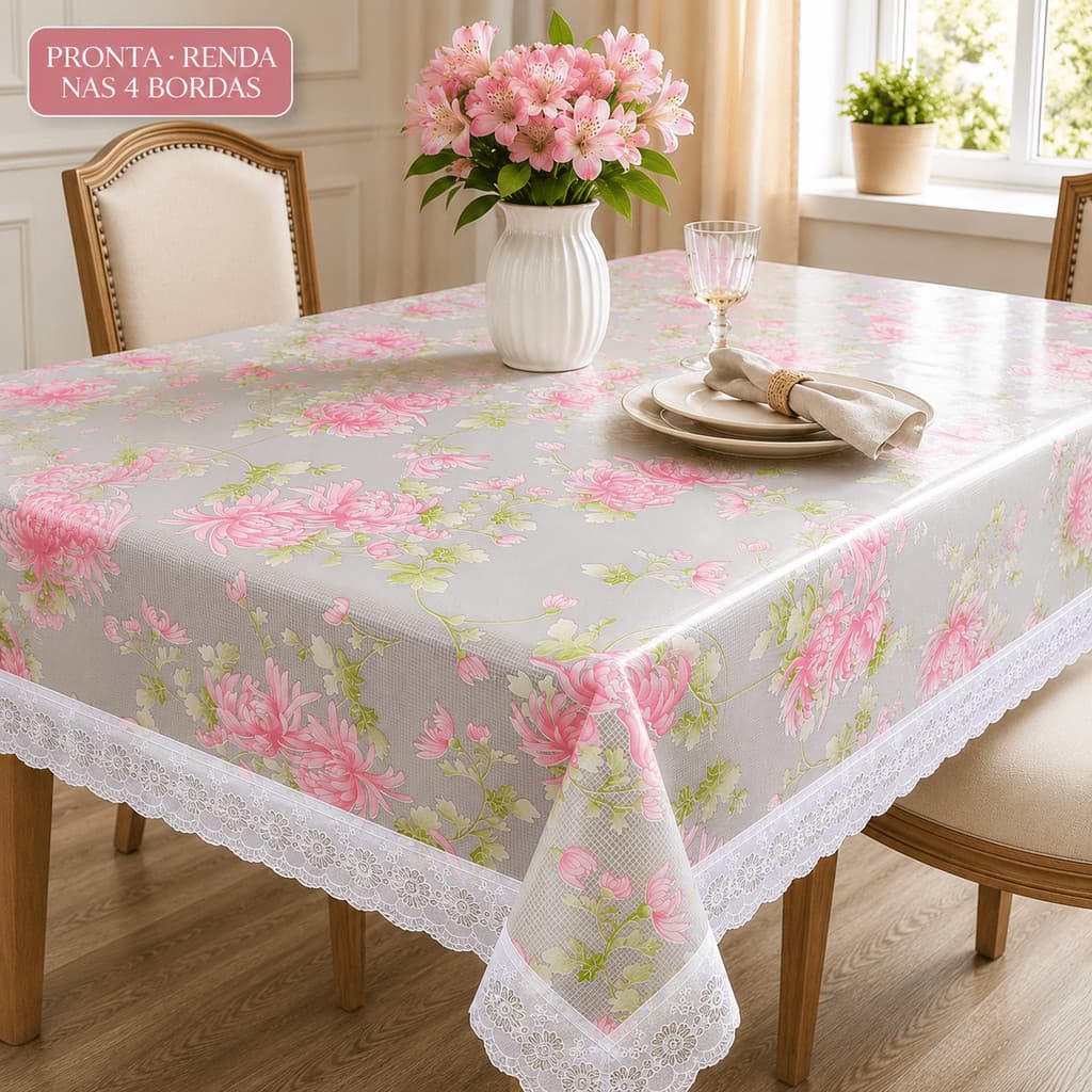 Toalha de Mesa Plástica PEVA Impermeável Retangular com Renda Pronta Floral Cerejas Rosas Flor Frutas Cozinha