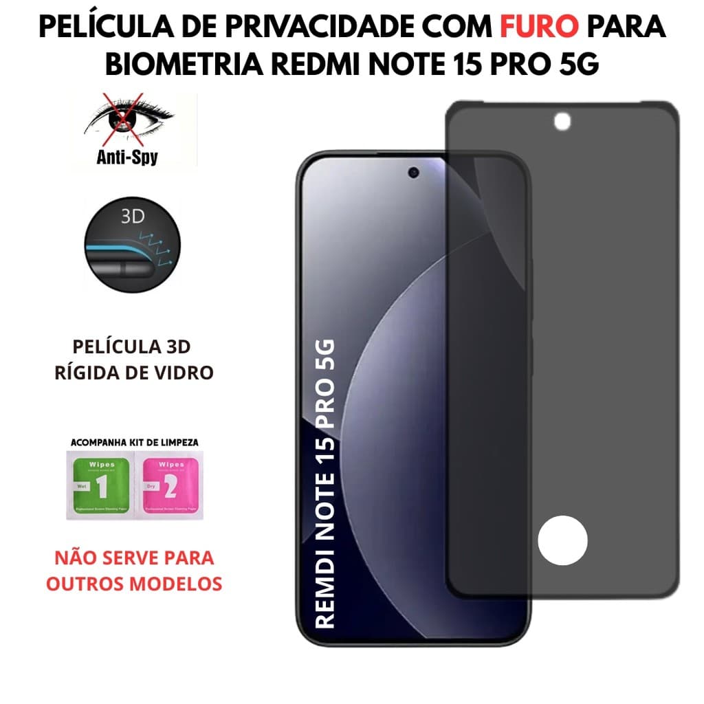 Película Privacidade Vidro Xiaomi Redmi Note 15 Pro 5G - Com Furo Para Biometria