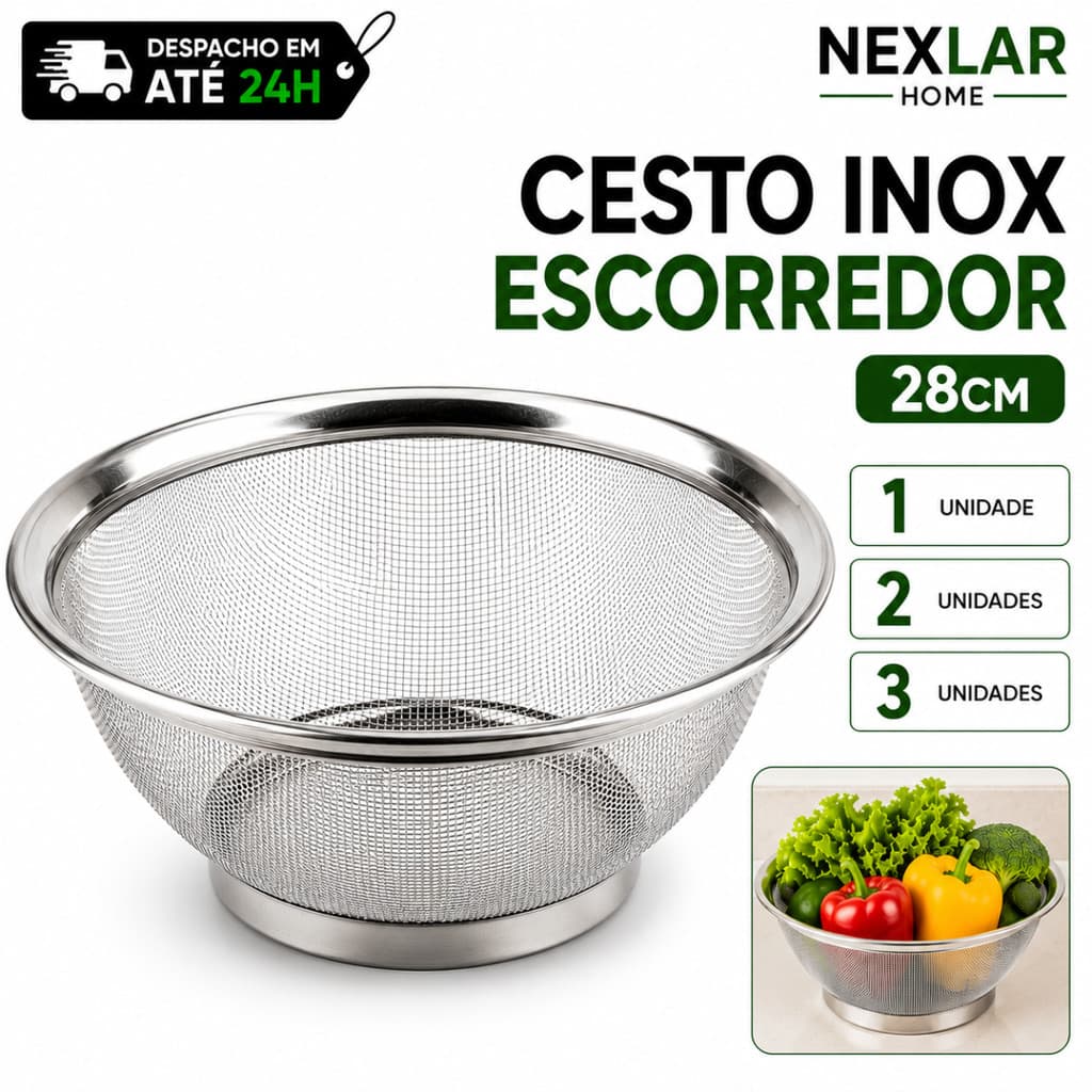 Cesto Inox Escorredor 28CM 1/2/3 Cesta Para Lavar Alimentos Arroz Legumes Frutas Massas Resistente Multiuso