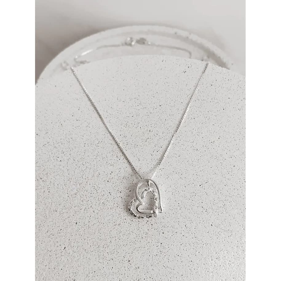 Colar Dois Corações Cravejado Prata 925 Feminino Elegante