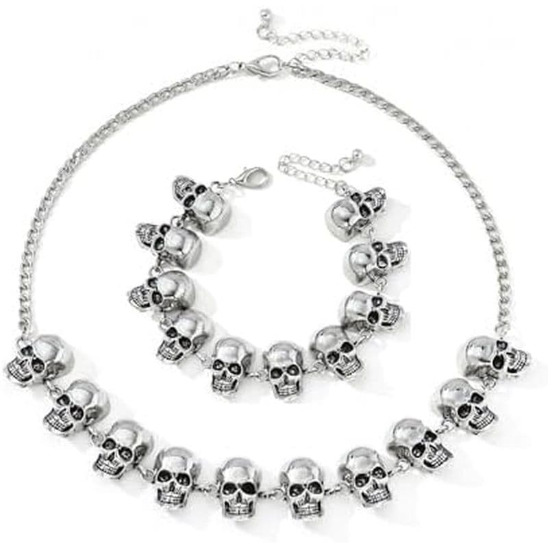 Punk Prata Crânio Cabeça Gargantilha Colar Goth Vintage Esqueleto Pulseira Halloween Hippie Conjunto De Jóias Coisas Leg