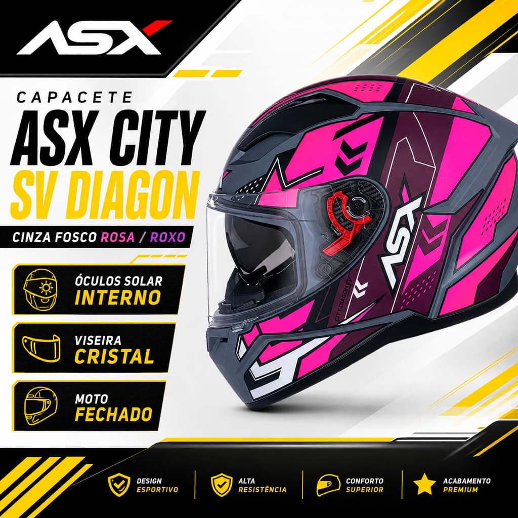 Capacete ASX City SV Diagon Cinza Fosco Rosa e Roxo Fechado com Óculos Solar Interno e Viseira Cristal