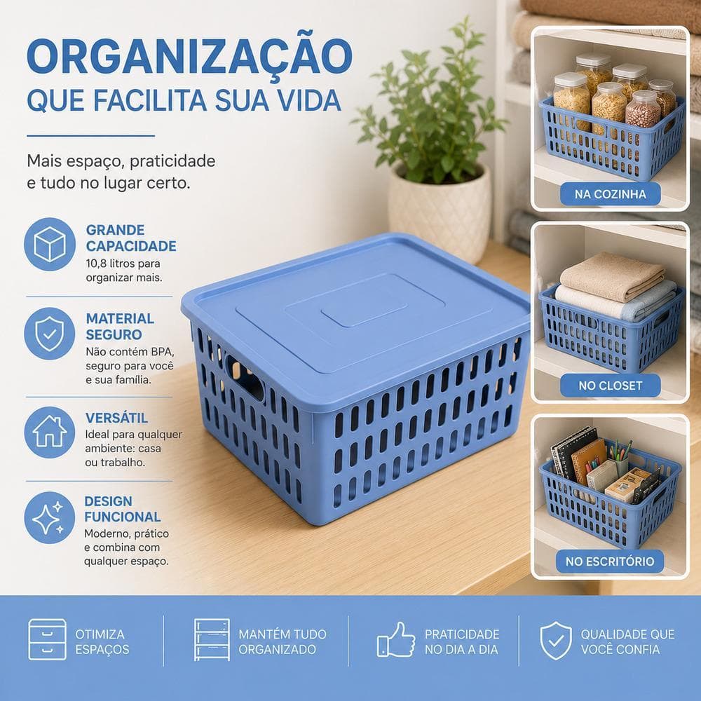 Caixa Organizadora Infantil Com Tampa Azul Empilhavel Cesto Multiuso Porta Brinquedos Roupas Sapatos Armario Grande