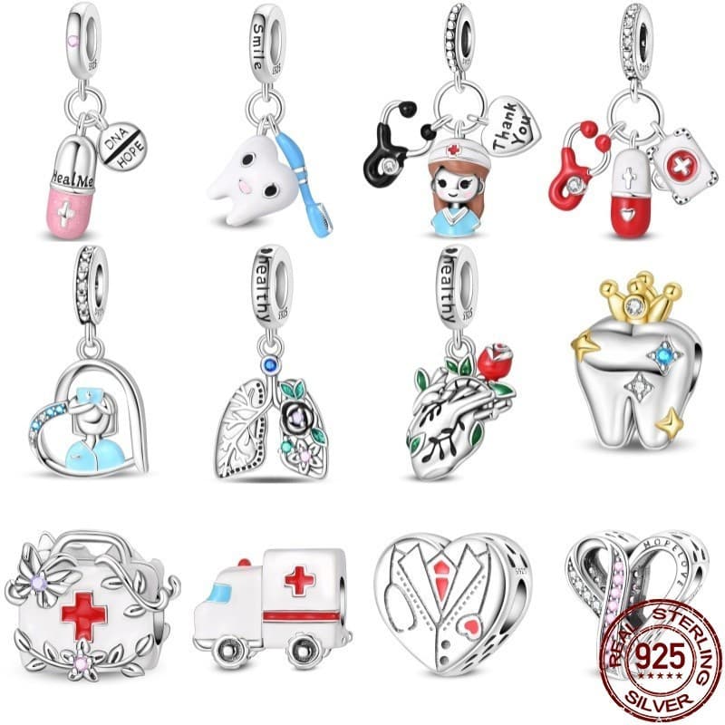 Pingente original de prata s925 "Gratidão à Enfermeira", pingente de saúde dental, compatível com pulseiras, produção DI