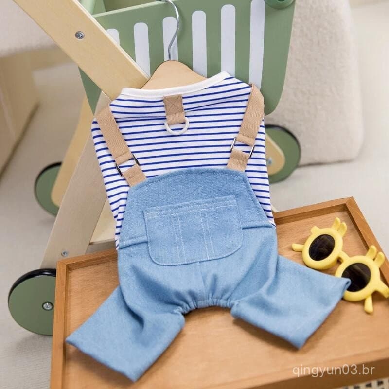 Macacão Listrado Para Cães E Gatos , Com Design Jeans , Camisas Cachorros De Estimação , Roupas De Primavera/Verão