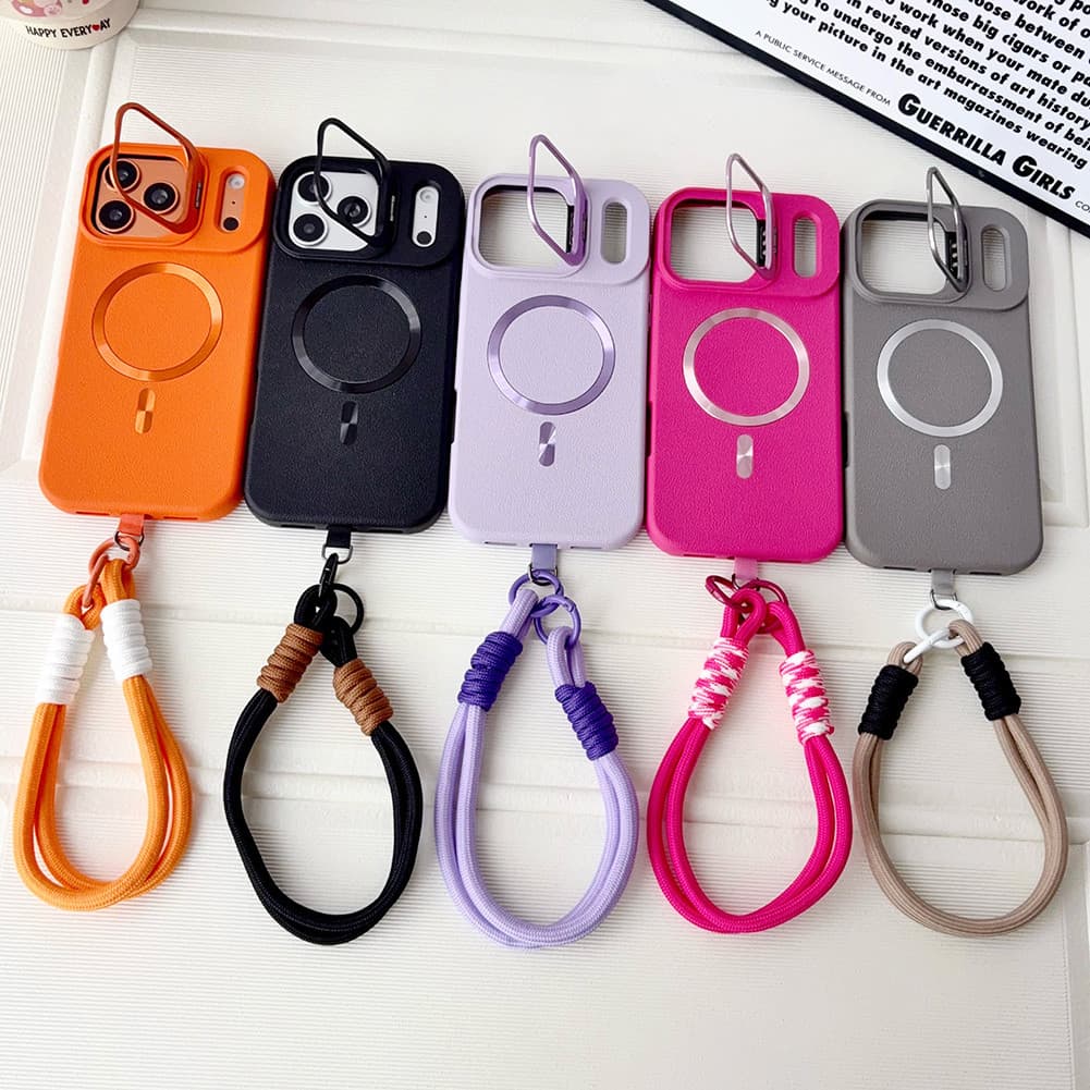 Pulseira De Couro Texturizado Caso Para iPhone 17 pro Max Ar 16 15 14 13 12 11 Suporte Lente Metal Anel Magnético Capa