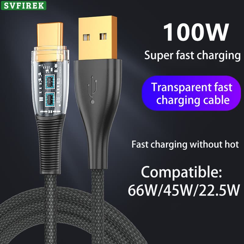 Cabo De Carregamento Rápido PD Transparente Type C 100W Nylon Trançado Banhado A Ouro 24K Conector Suporte Para Transfer