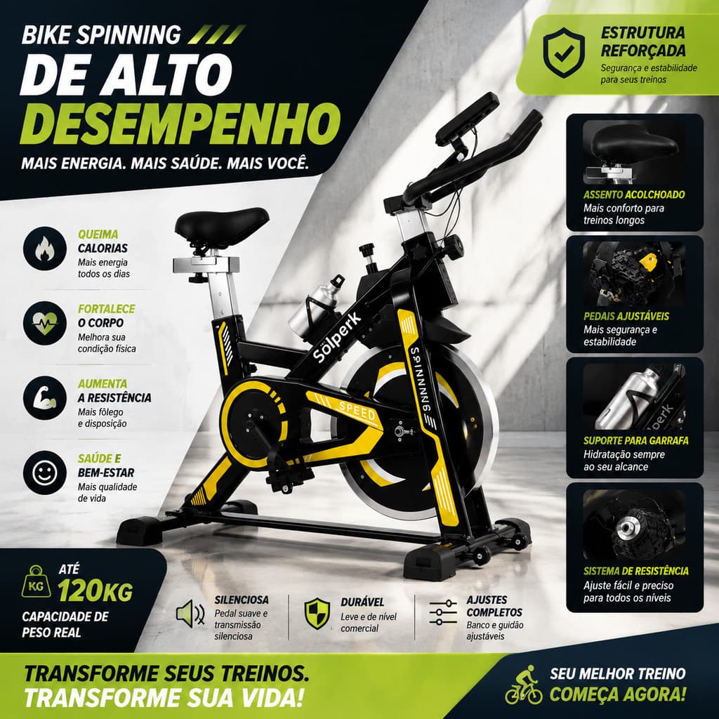 Bike Ergométrica Spinning para Casa, Roda de Inércia, Base Forte Sem Oscilação Suporta até 120kg