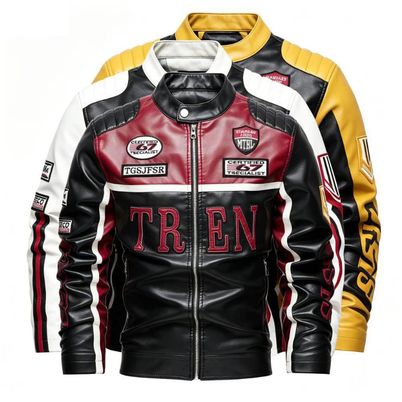 Jaqueta De Corrida Masculina Couro Falso Bloco De Cor Sólido Vermelho Preto Remendos Bordados Casaco De Motocicleta De R