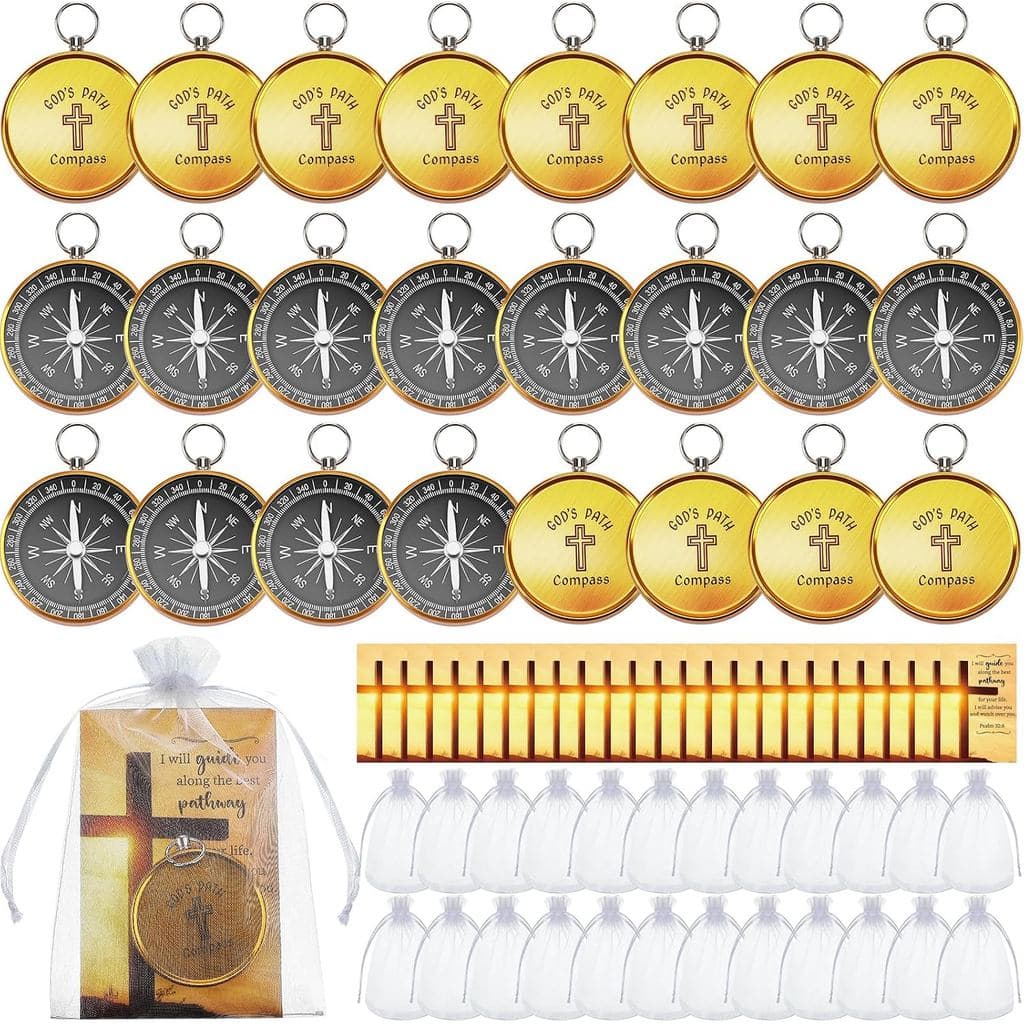 Relaxweex Conjunto de 24 Mini Bússolas Cristãs, Presente Cristão para Homens, Bússola com Cartões e Saco de Organza Bran