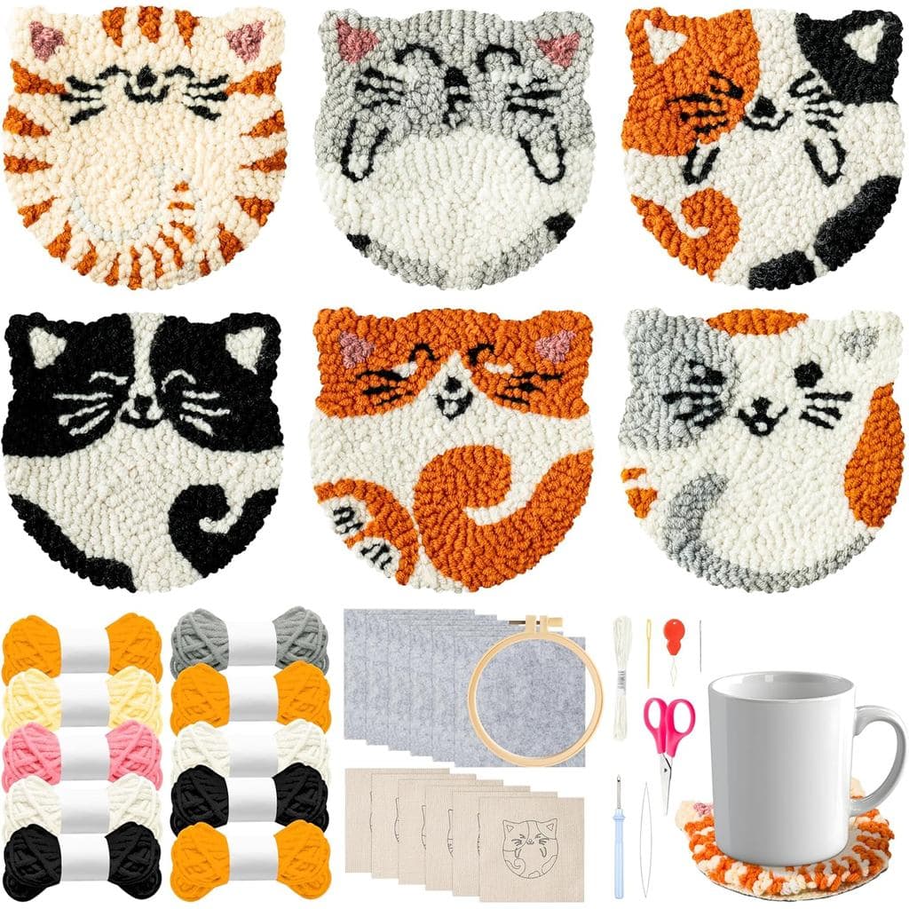 WATINC Kit de Coasters com Ponto de Agulha para Gatos - 22 Peças, Material de Artesanato Fácil para Iniciantes, Conjunto