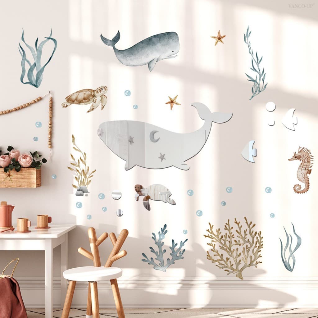 Adesivo De Parede Espelho Baleia Tartaruga Mundo Subaquático-Decalque Autoadesivo Para Decoração De Quarto Infantil