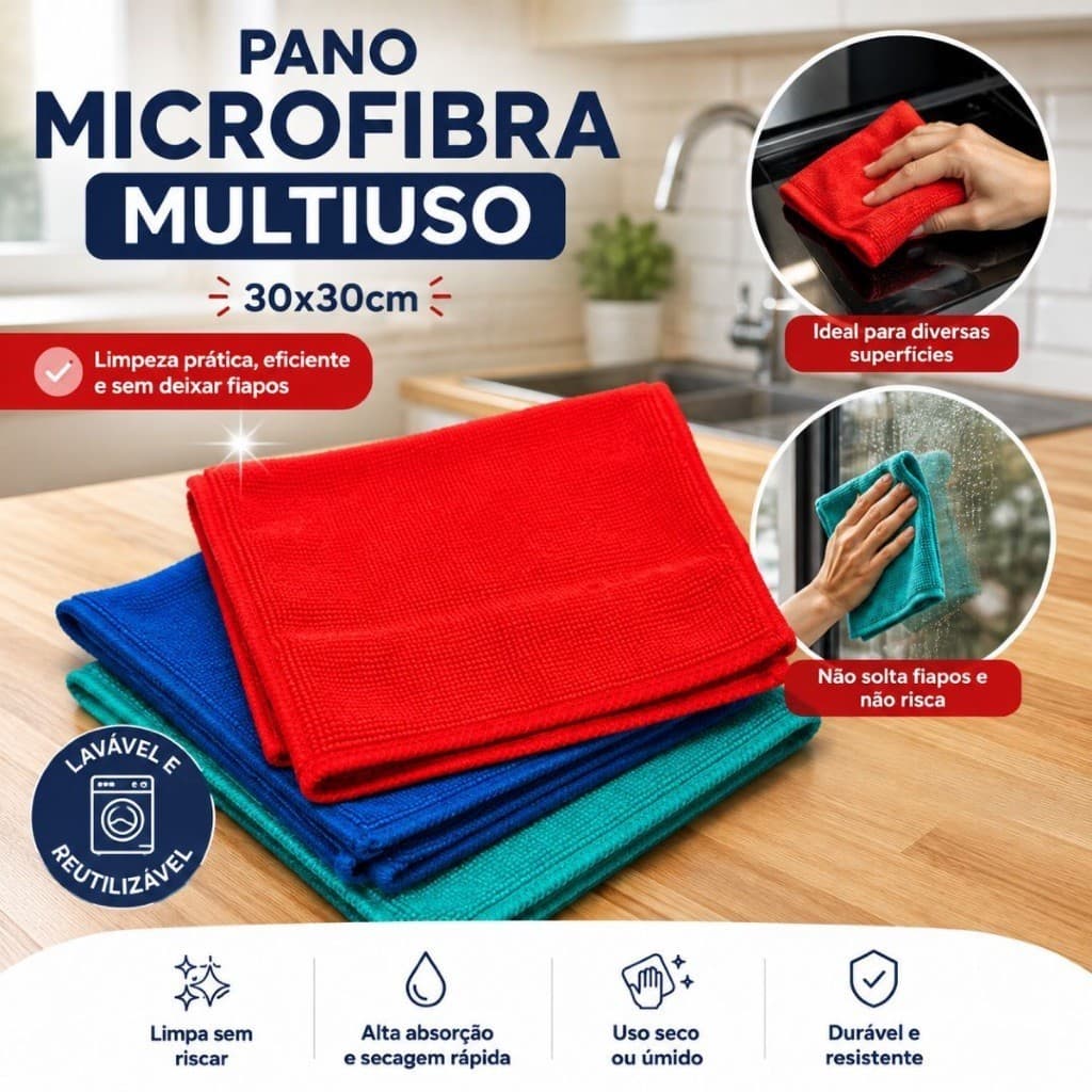8 Kit Pano Microfibra Multiuso 3 Peças 30x30cm – Alta Absorção