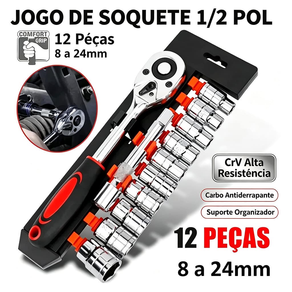 Jogo de Soquete 1/2 Pol 12 Peças 8-24mm, Chave Catraca CrV Aço Cromo Vanádio para Mecânica e Reparos