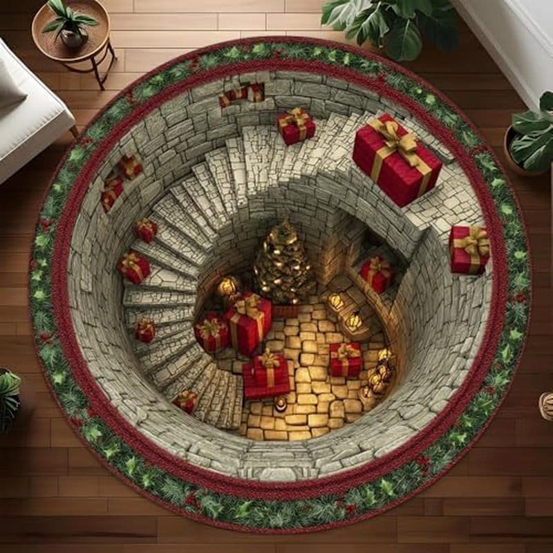 Tapete Redondo De Natal 3D – De Férias Com Ilusão Óptica Festiva | Antiderrapante Para Sala , Quarto E Amp ; Espaço Cria