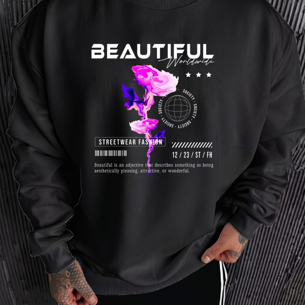 Moletom Masculino Gola Careca Oversized Streetwear Estampa Beautiful Rose Frio Inverno Tendência