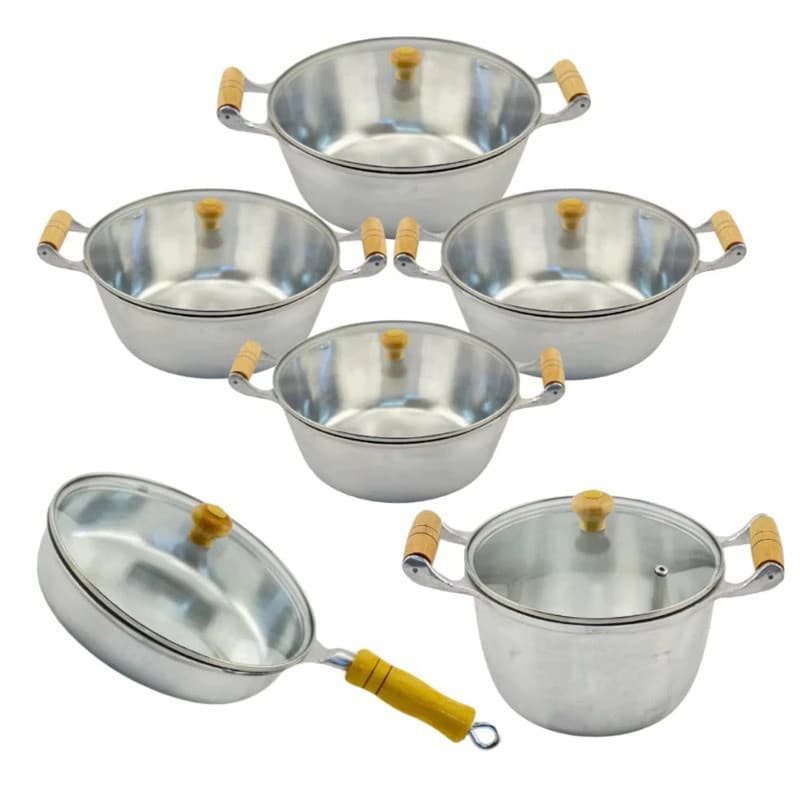 Jogo de Panelas Frigideiras e Caldeirão Tampa de Vidro Aluminio Fundido BatidoTampa de Vidro 6 pçs