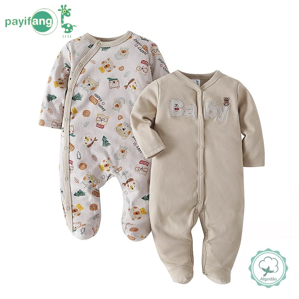 Kit Macacão Bebê 2 Unidades Bege Estampado e Liso para Dormir