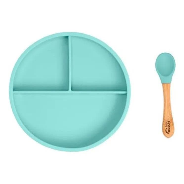 Kit Prato Com Divisórias E Colher De Silicone E Bambu Freso Verde