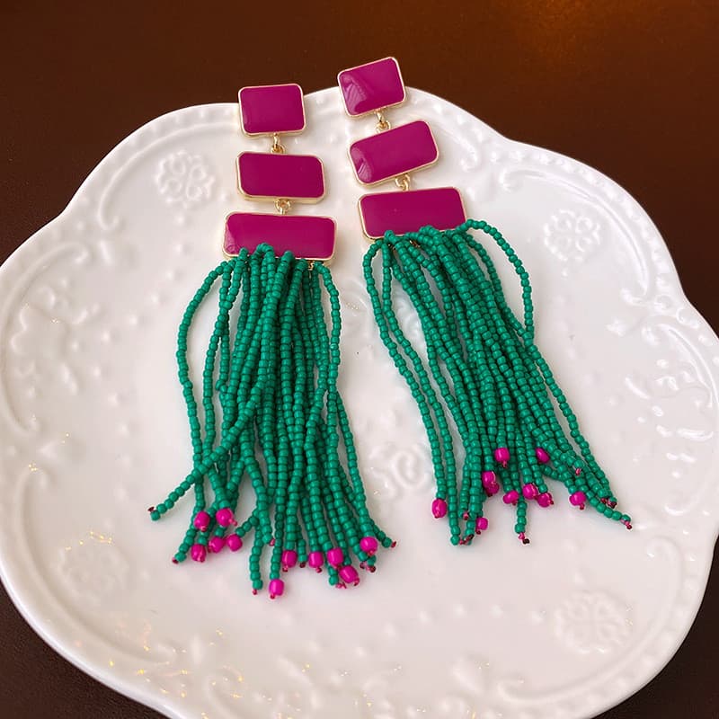 Brincos Pendentes Boho com Contas de Óleo e Franjas DMDL