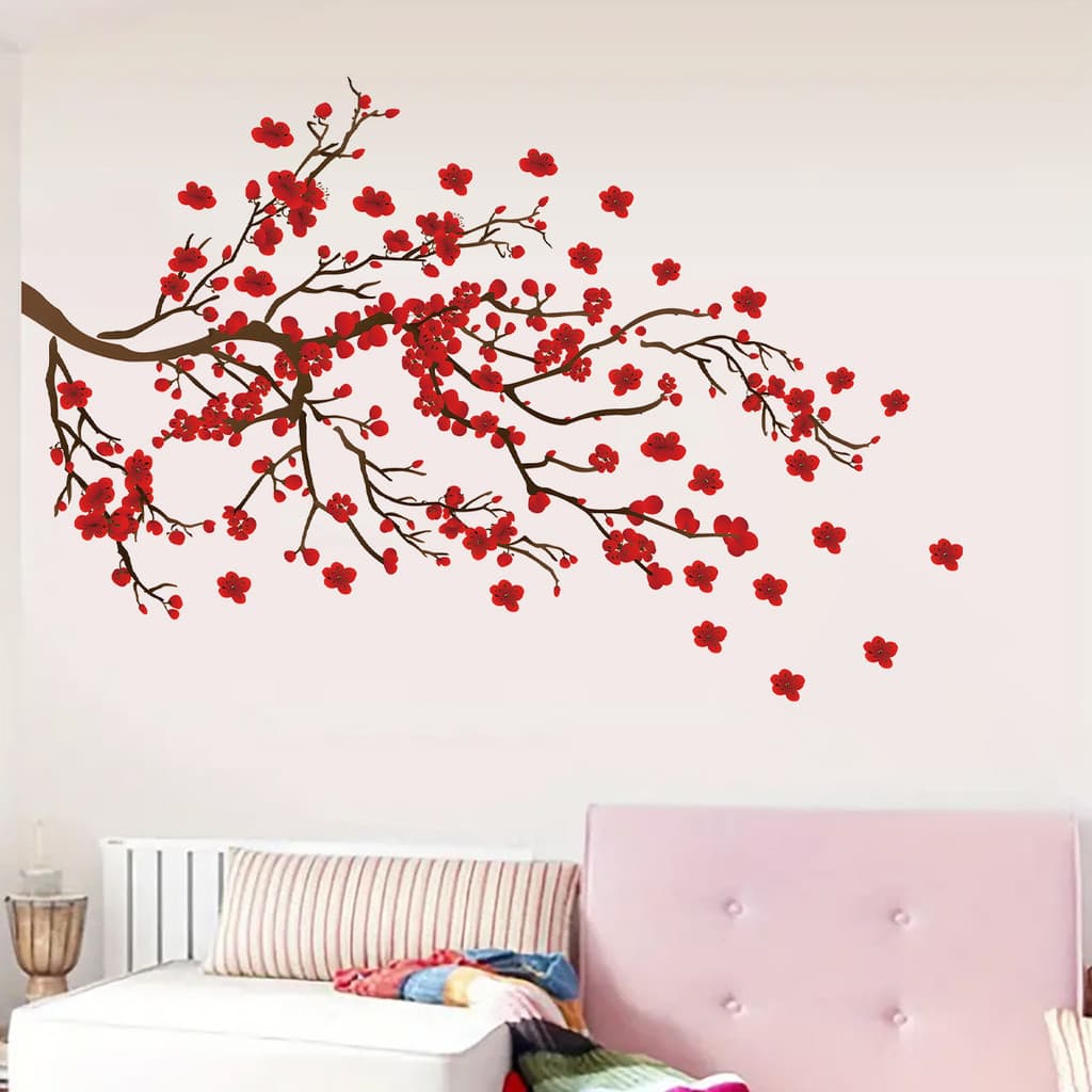 Adesivos de parede lindo flor de ameixa vermelha auto-adesivo adesivos de parede sala de estar quarto fundo decoração de