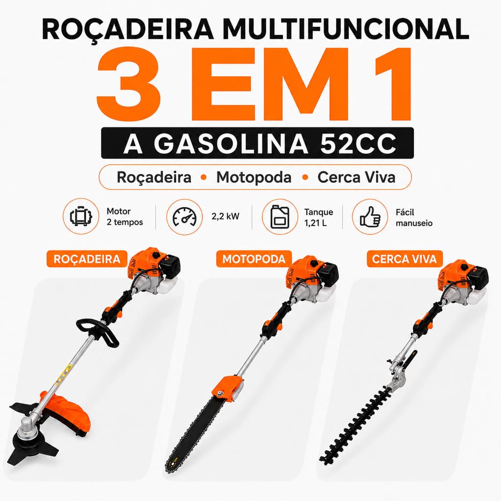 Roçadeira Motopoda Aparador de Cerca Viva Multifuncional 3 em 1 a Gasolina 52cc 2 Tempos