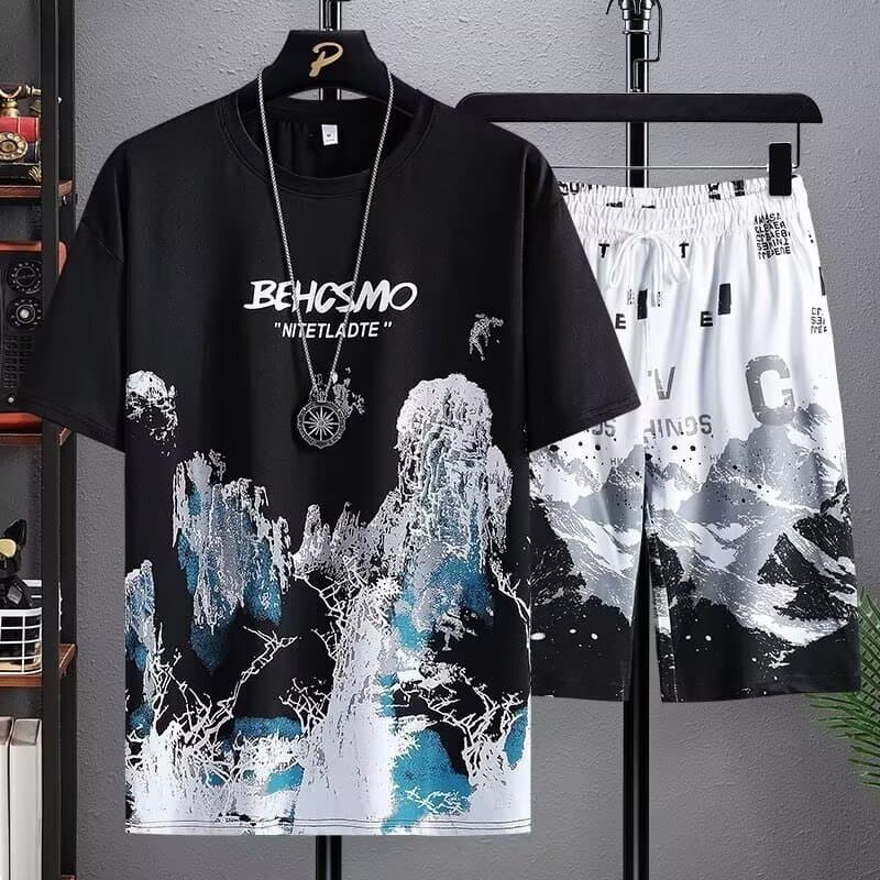 Casual terno de seda gelo masculino jovens meninos na moda camiseta de manga curta Shorts esportivos U3PT