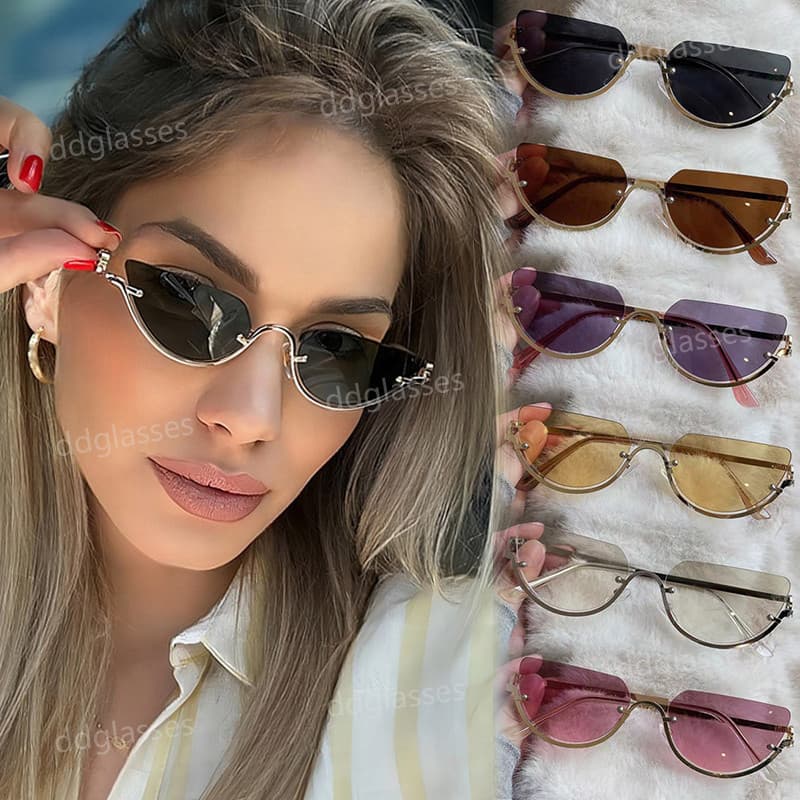 Óculos De Sol Olho De Gato De Metal Da Moda Para Mulheres Meia Armação Retrô Colorido Resistente A UV