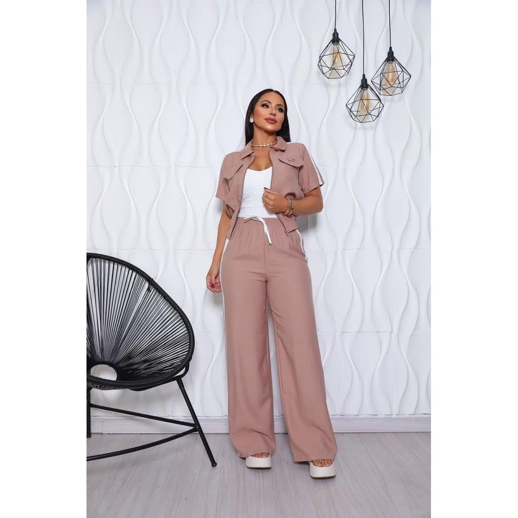 Conjunto Feminino Sensorial Marrant Blusa Manga Curta e Calça Pantalona - Cáqui - G