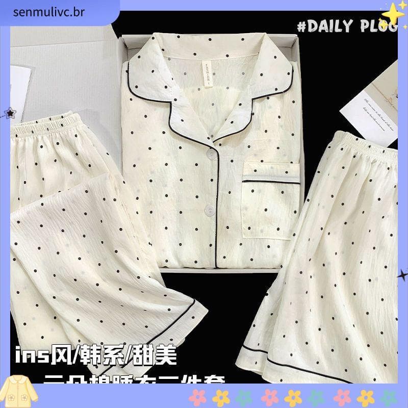 Nuvem algodão pijamas de três peças verão feminino novo estilo Shorts de manga curta calças compridas Loungewear estilo