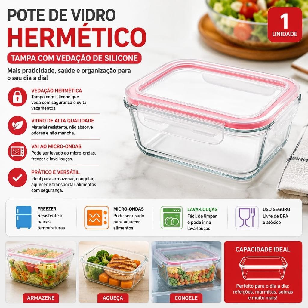 Pote De Vidro Hermético Marmita 640ml Tampa Silicone - 1Un Microondas