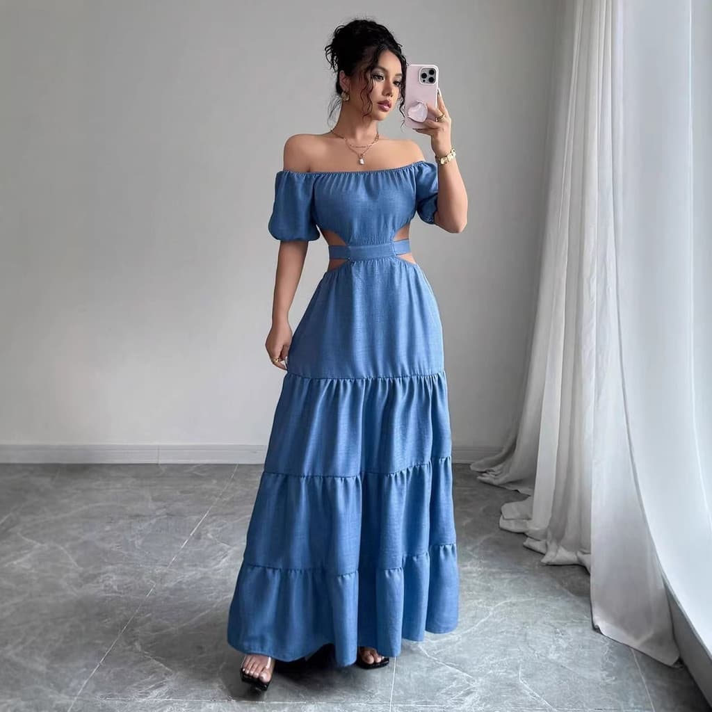 Estoque pronto Transporte rápido primavera verão novo estilo férias estilo Denim efeito fora do ombro cintura estreita b