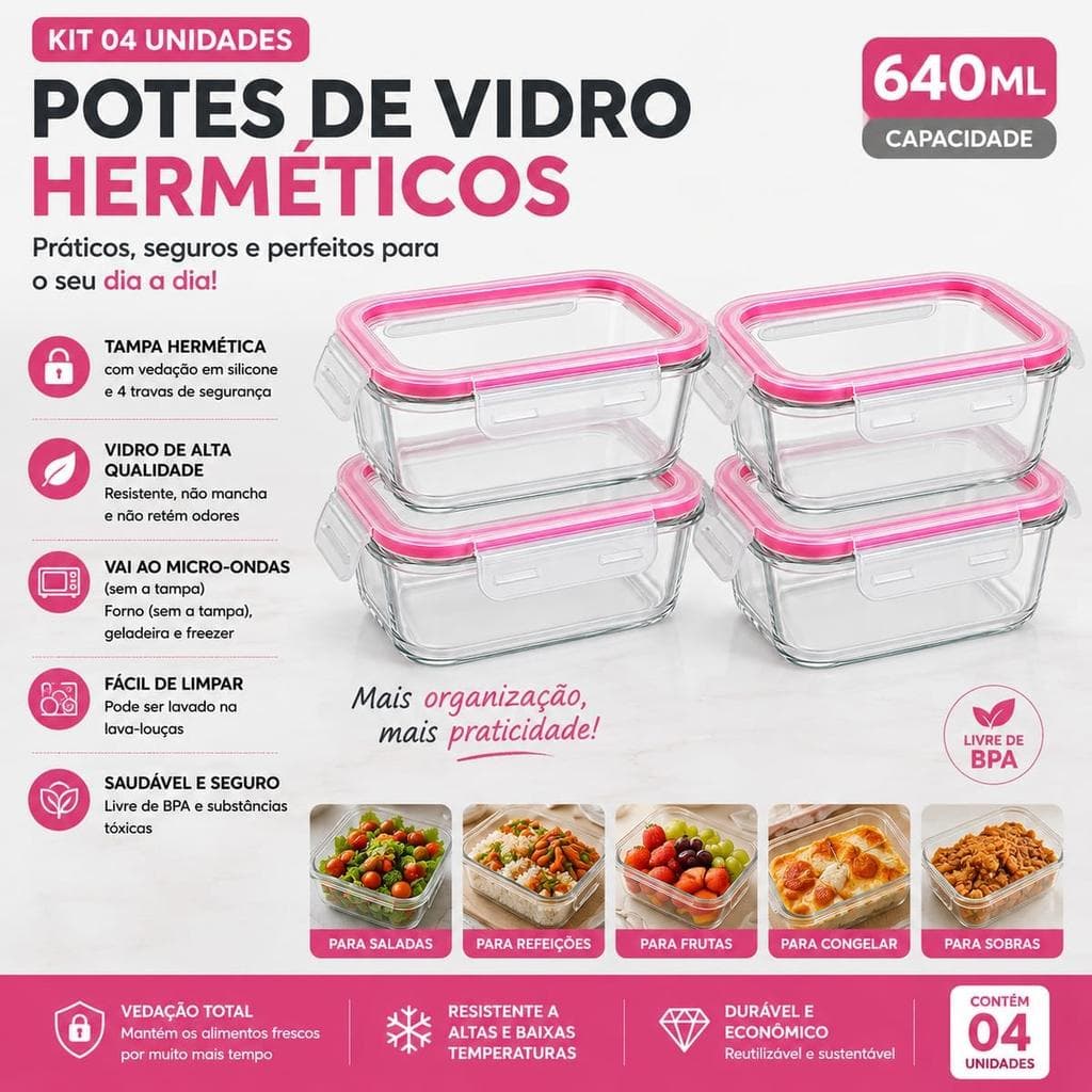 Pote de Vidro Hermético para Marmita 640ml com Tampa de Silicone - Kit 4 Unidades, Vedação Segura, Resistente e Prático