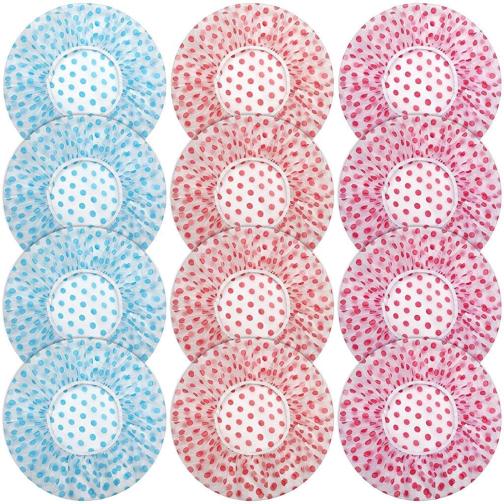 12 Toucas de Banho Reutilizáveis, Toucas de Plástico Impermeáveis e Elásticas para Mulheres, Touca de Banho Impermeável
