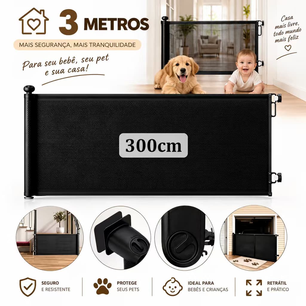 Portão Retrátil de Segurança 3m para Bebês e Pets, Grade Tela 86cm com Trava, 2 Formas de Instalação