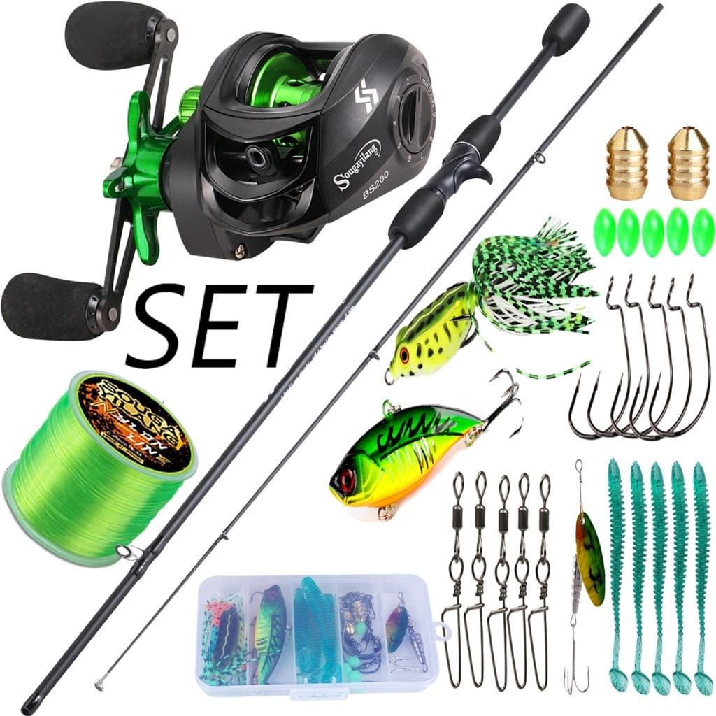 Kit de Pescaria Sougayilang Vara de pesca 1.80m 2 seções + Carretilha de pesca 7.2:1 + Linha de pesca + Isca de pesca