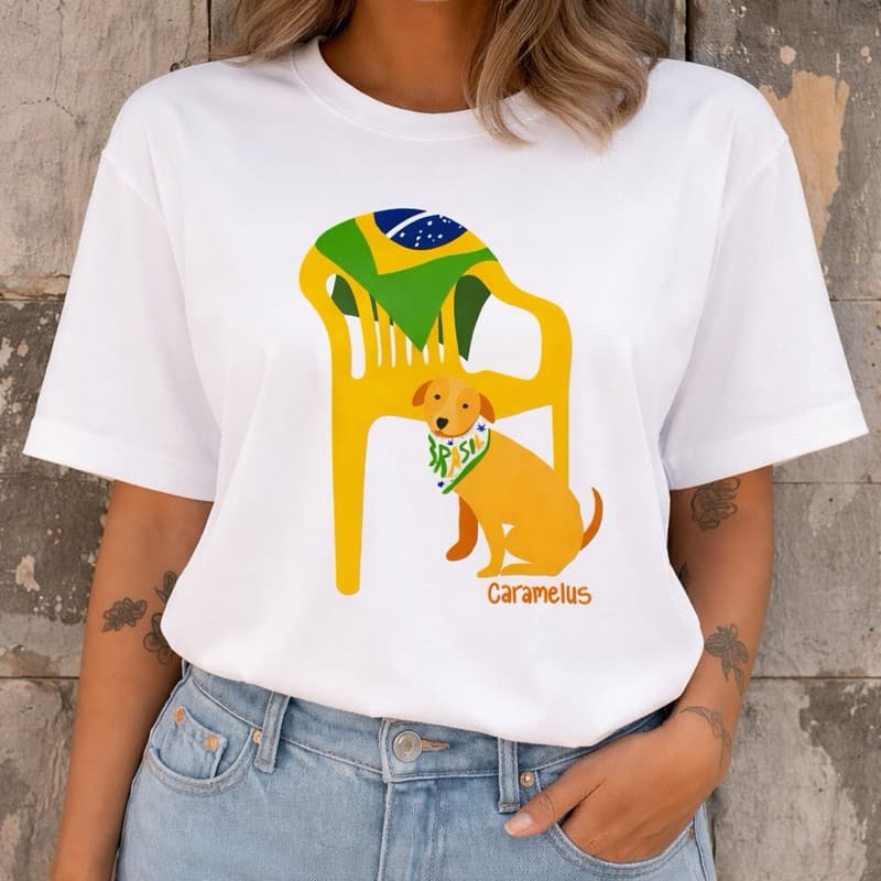 [Camiseta Premium em Algodão Puro]SISI Camiseta Feminina Brasil Cachorro Caramelo Patriota T-shirt Algodão copa
