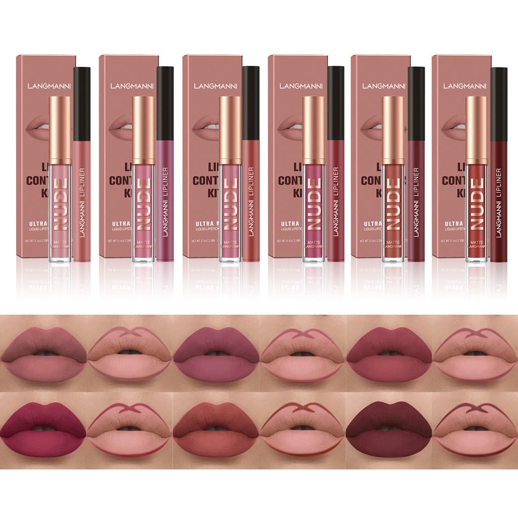 Langmanni Lip Gloss Lip Liner Set Conjunto de 2 peças Copo antiaderente Matte Lip Gloss Set Maquiagem transfronteiriça