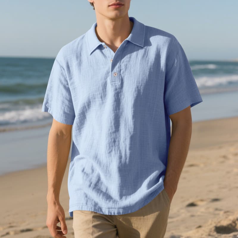 Camisa Polo Masculina Casual Solta De Linho Com Lapela De Manga Curta