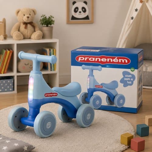 Bicicleta Infantil Equilibrio 4 Rodas Azul Seguro Educativo Luzes Silenciosa