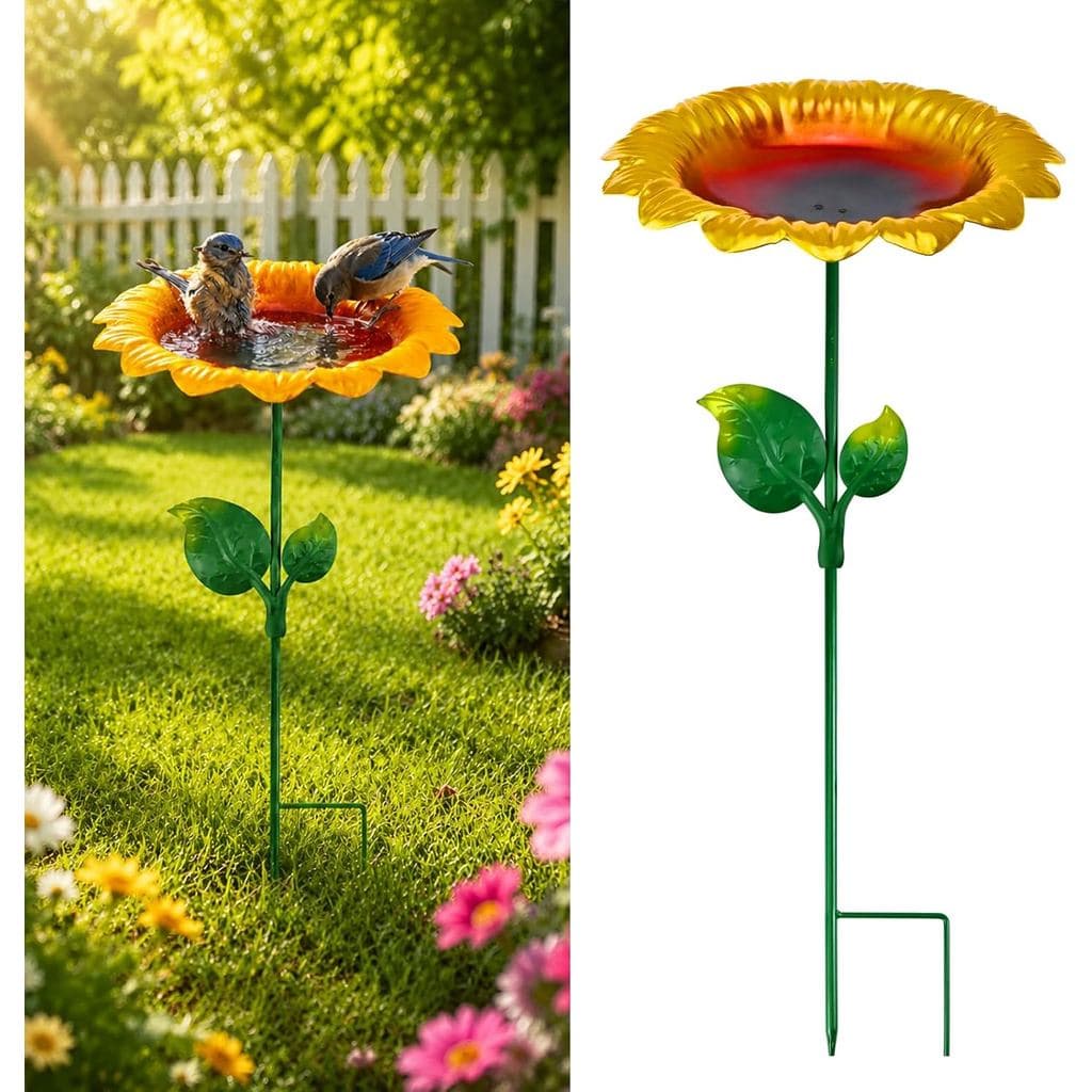 Estaca De Banho De Pássaro De Girassol De Metal Ao Ar Livre , Tigela Alimentadora De Jardim De Ferro Para Pássaros Borbo