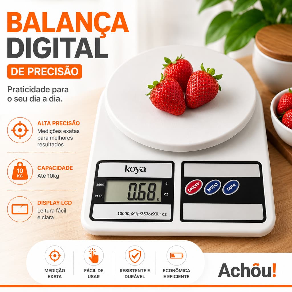 Balança Digital de Cozinha 10kg Portátil Branca para Alimentos Dieta Confeitaria Koya