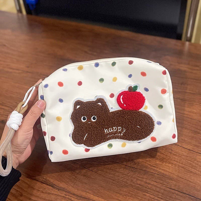 Bolsa de maquiagem fofa com estampa de gatinho, bolsa de armazenamento bordada com desenho animado, bolsa organizadora d