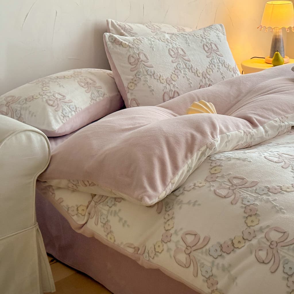 Arco menina estilo cama inverno engrossado leite velo conjunto de quatro peças quente Coral velo colcha capa folha 1.8m