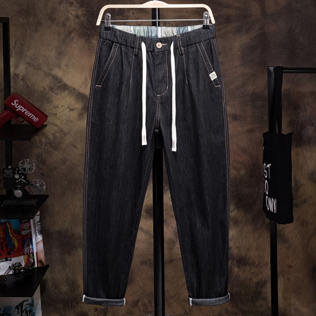 Tamanho grande cintura elástica Jeans masculino solto em linha reta Tether na moda gordura tornozelo comprimento calças